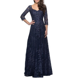 LA FEMME Floral Embroidered Mesh A-Line Gown